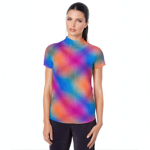 High Neck Short Sleeve Crinkle Top - T453